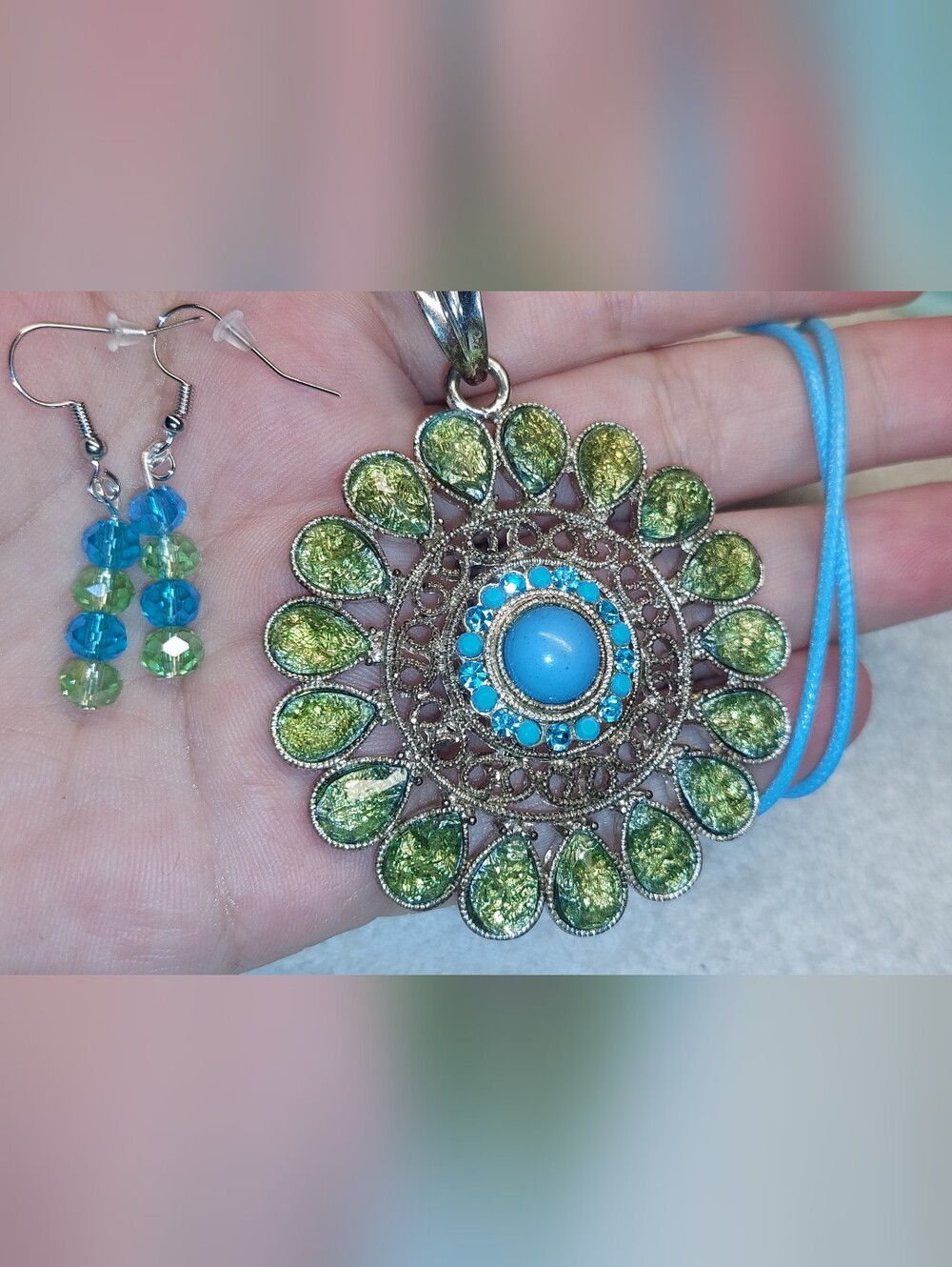 Blue and Green Filigree Sunburst Pendant Necklace with Matching Earrings
